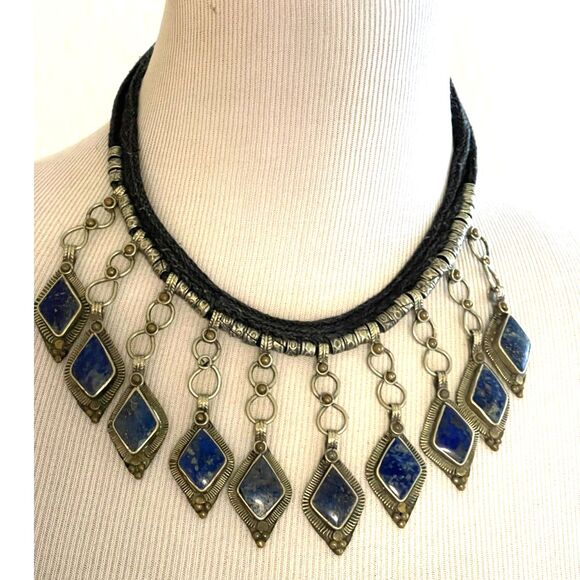 VTG Blue lazuli Lapis Collar Bib Necklace BOHO Tibetan Ethnic Silver Statement - Picture 1 of 10